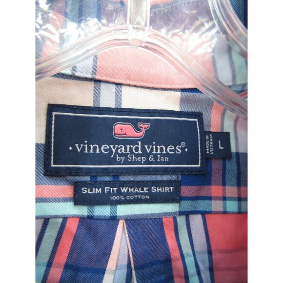 Vineyard Vines Shirt Large Pink Button Up Plaid Slim Fit Whale Shirt - Picture 9 of 10